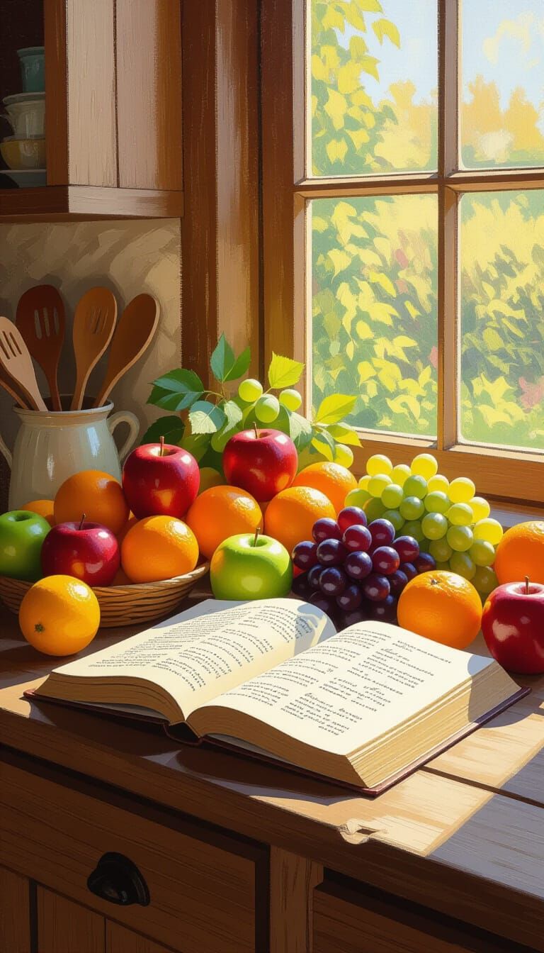 Rustic Kitchen Counter with Fruits and Cookbook in Impressio...