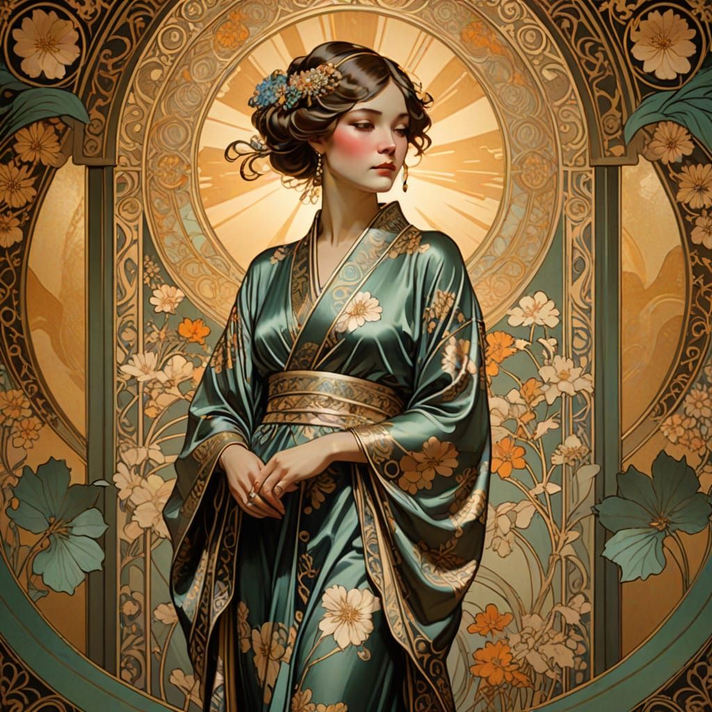 Art Nouveau Woman in Ornate Room by Alphonse Mucha Style