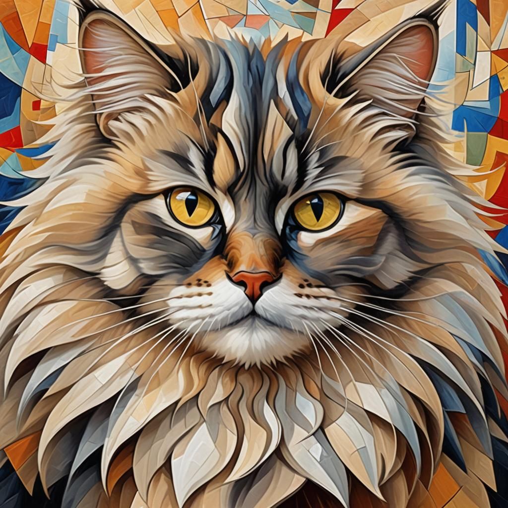 Fluffy Siberian Cat in Abstract Cubist Style