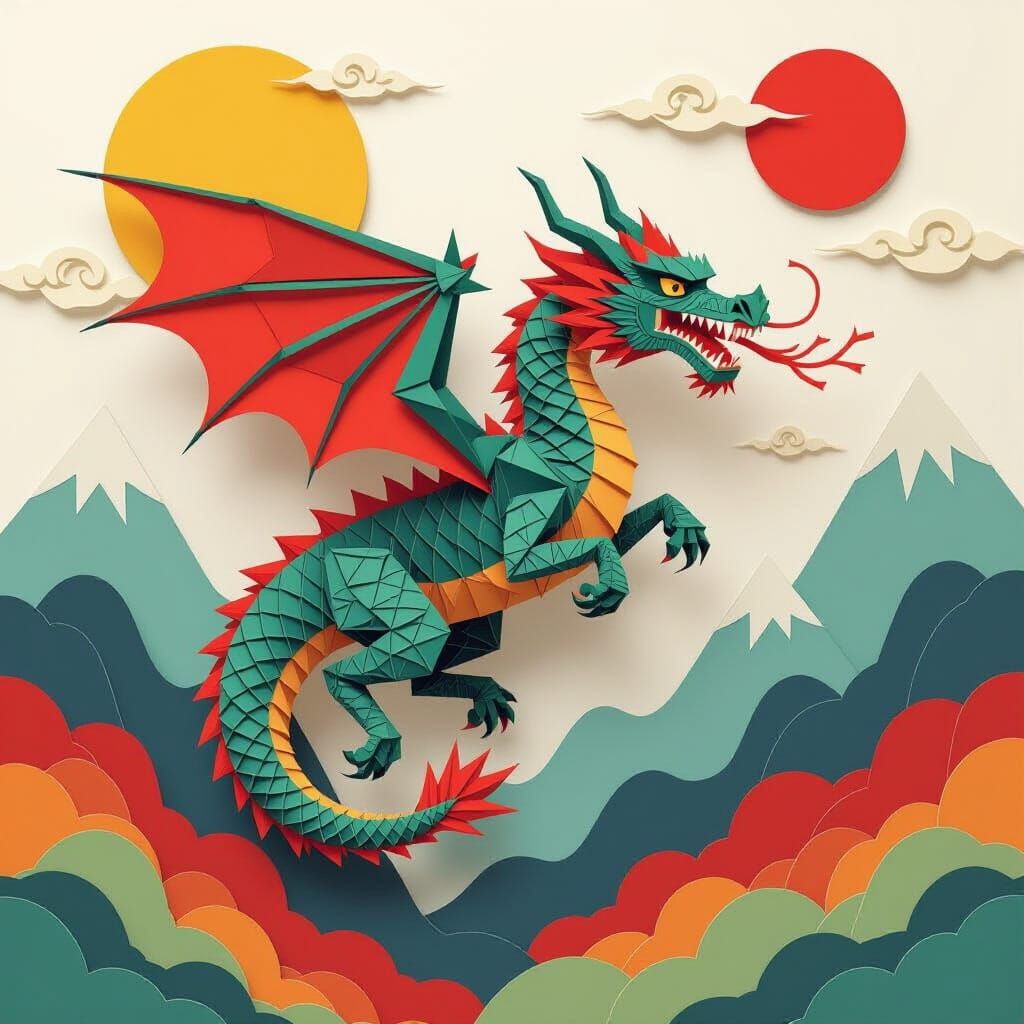 Majestic Origami Dragon Breathing Fire on Paper Sky