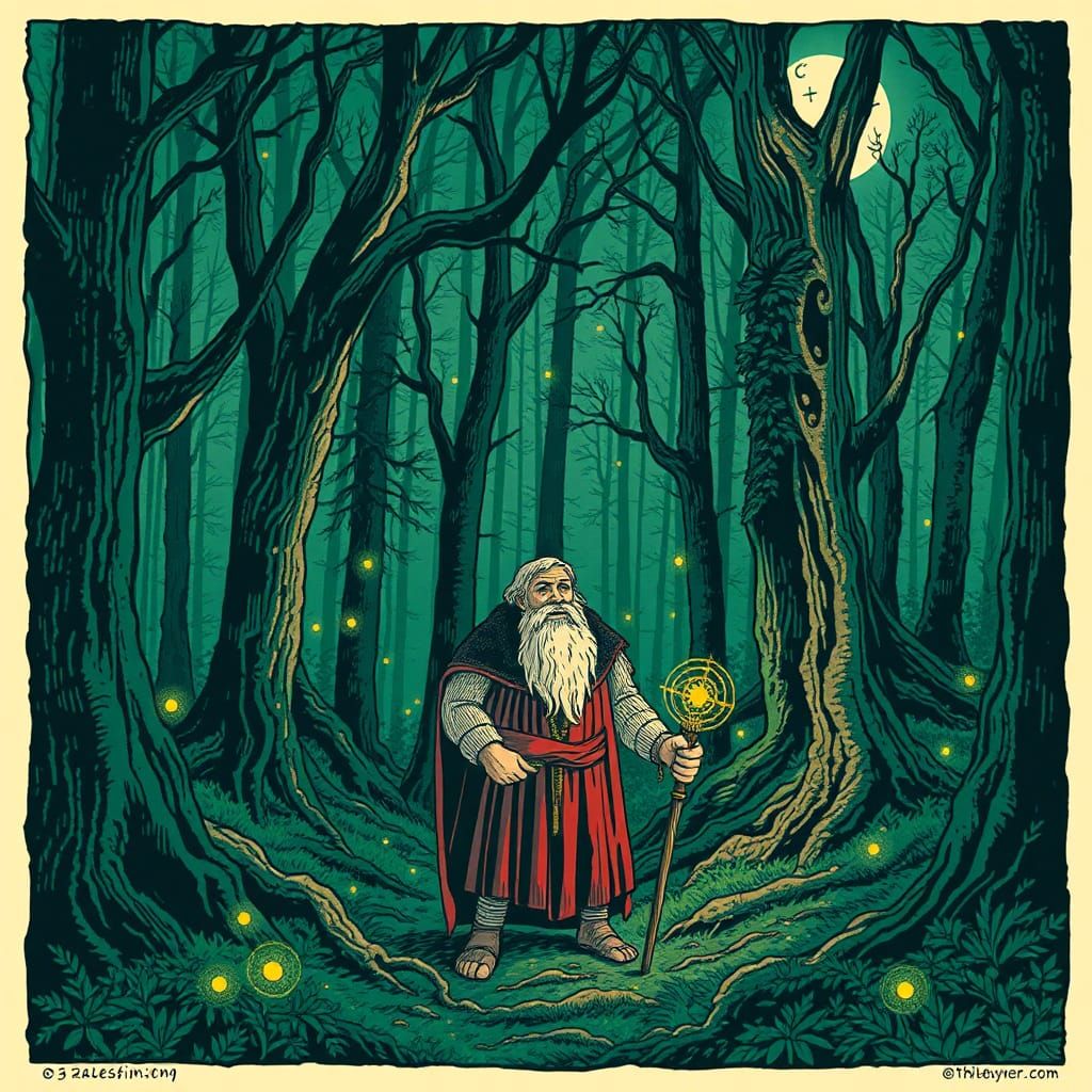 Kalevala Scene: Lemminkäinen in Emerald Forest, Linocut Styl...