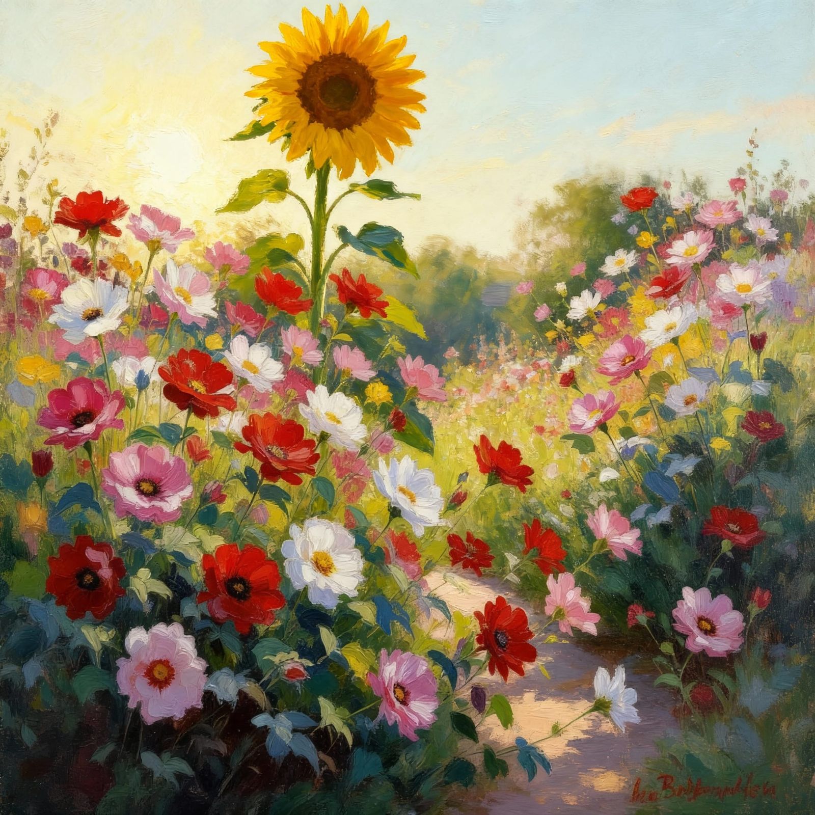 Giant Sunflower Ascends to Sky Above Field