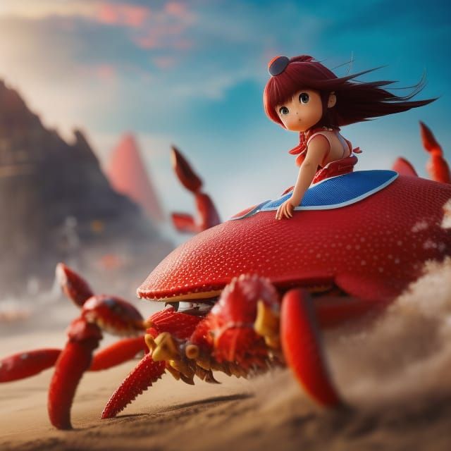 Warrior Woman Rides Giant Crab: Ghibli-Style 3D Art