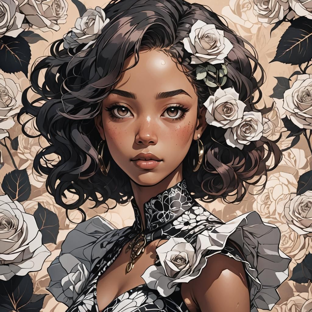 Anime Portrait of Woman in Rose Dress