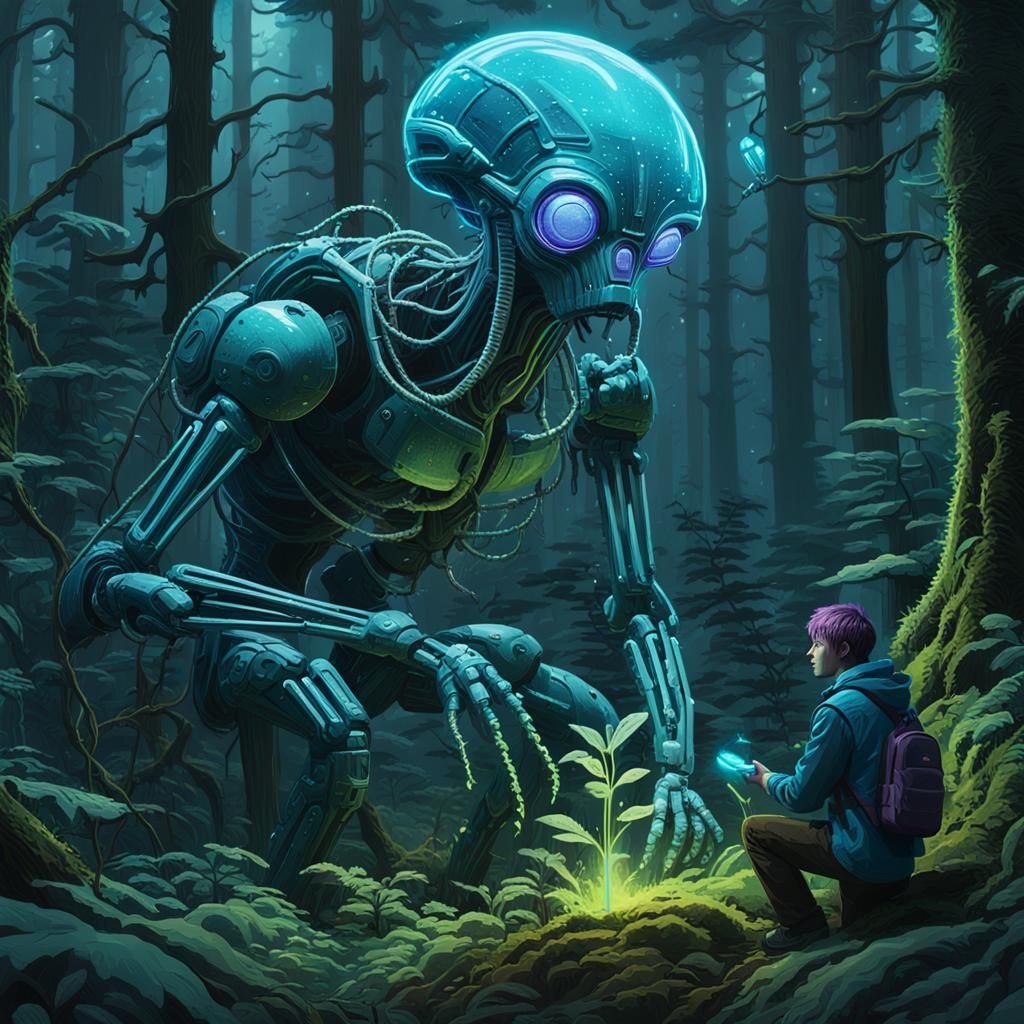 Exobiologist Examines Bioluminescent Plant in Alien Forest