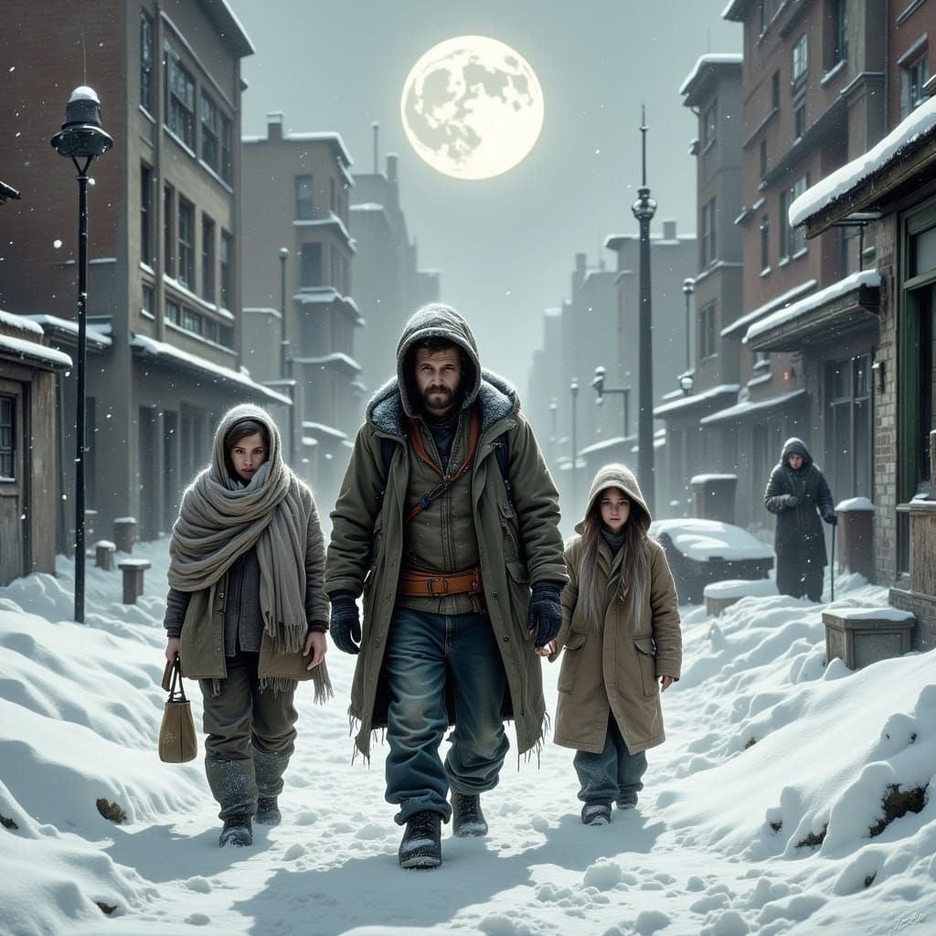 Rugged Family Braves the Blinding Snowstorm in a Post-Apocal...