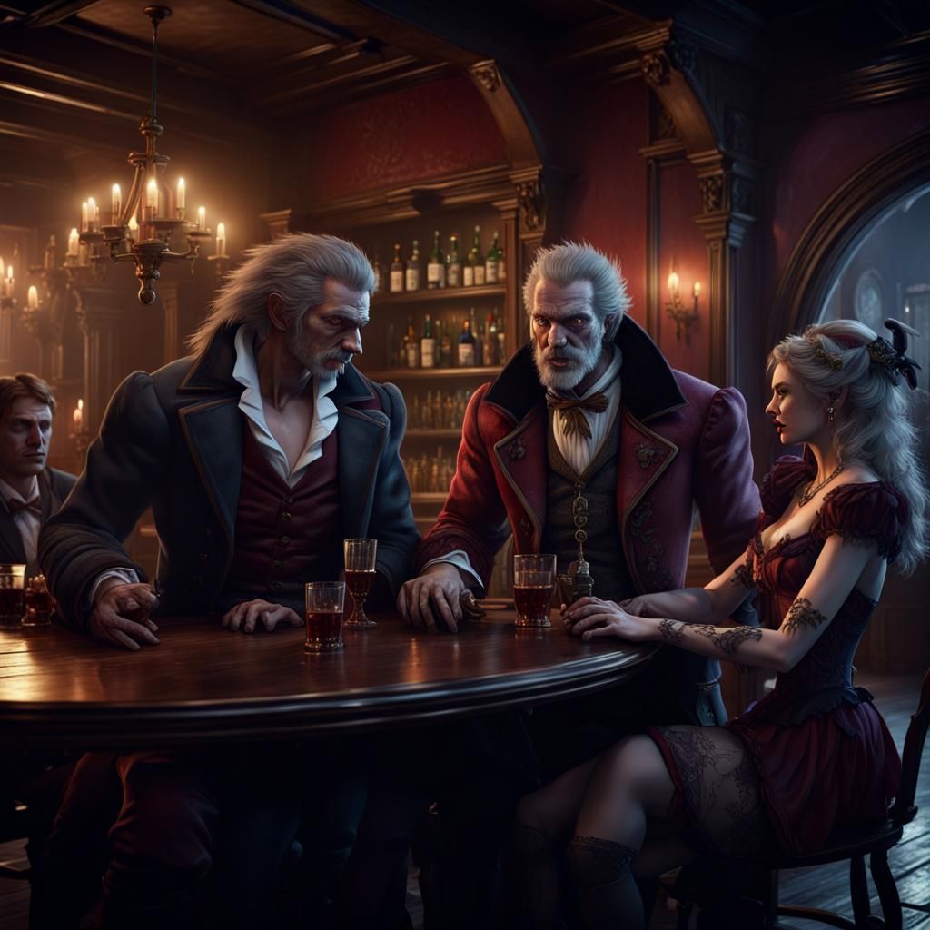 Vampire, Valkyrie, and Werewolf in Victorian Bar