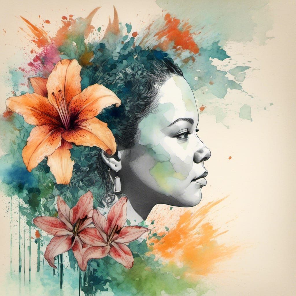 Double Exposure Portrait with Rolling Hills, Watercolour Art