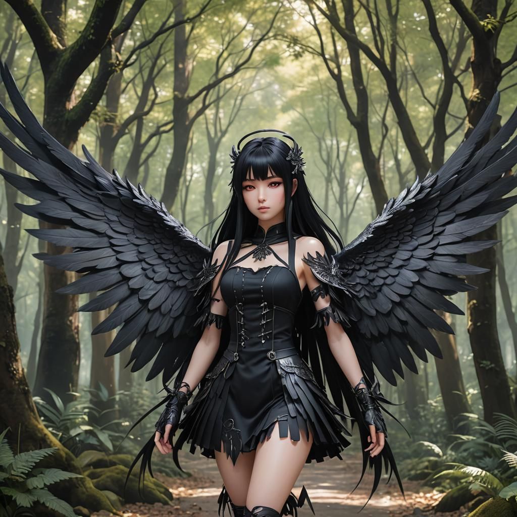 Anime Girl with Angel Wings in Magical Forest