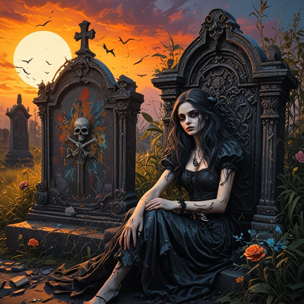 Gothic Mourning Portrait in Vibrant, Surreal Cemetery Landsc...