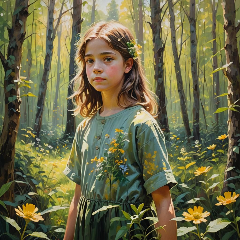 Girl in Forest: Vibrant Oil Painting