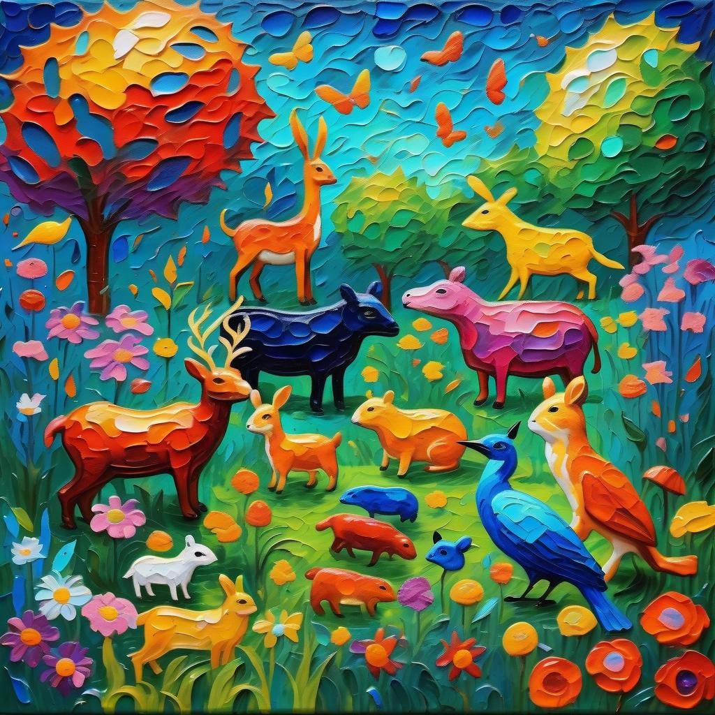 Colorful Garden of Unseen Creatures, Expressionist Oil Paint...