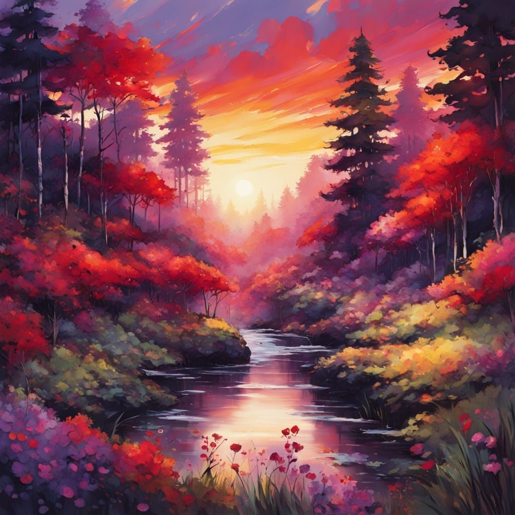 Hazy Pine Forest Sunset with Exotic Purple Flowers