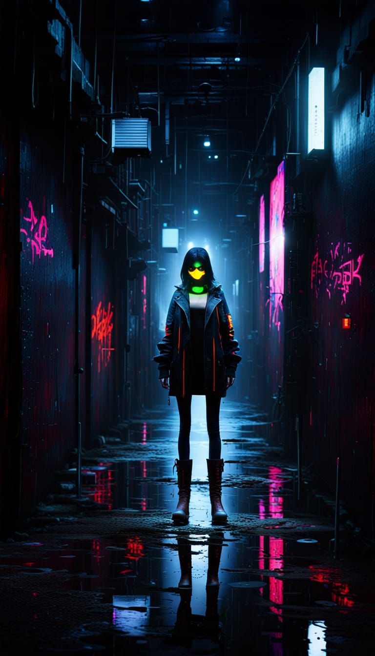Anime Girl in Neon Alley with Glowing Graffiti