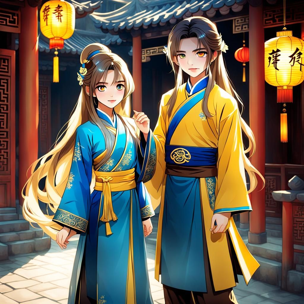 Young Girl and Man in Retro Chinese Costumes