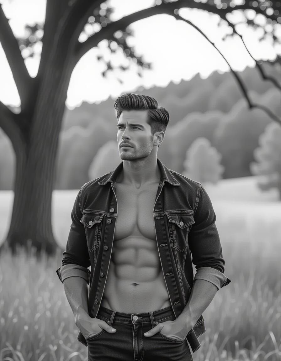 Contemplative Man in Nature: Photorealistic Black and White ...