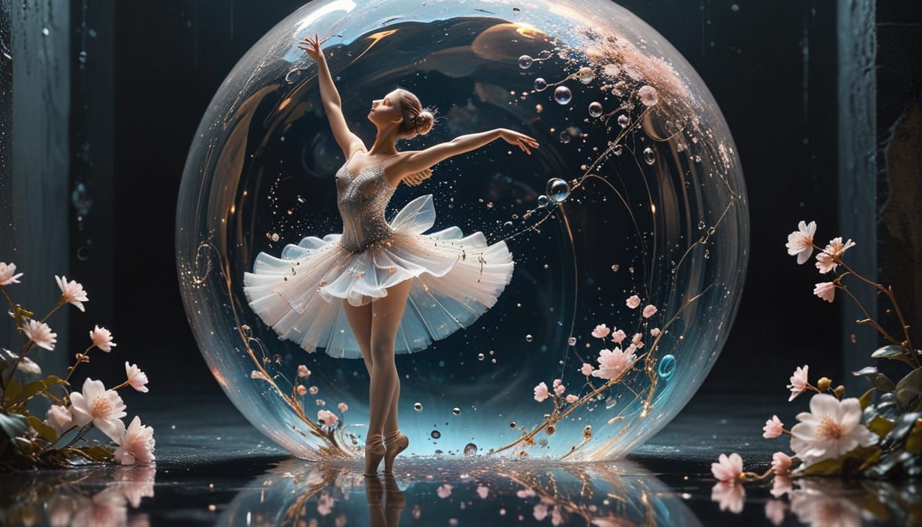 Ballerina Leaping in Soap Bubble with Wireframe Lines
