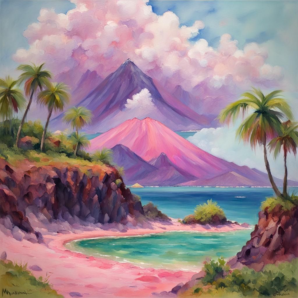 Pink Sand Island: An Impressionist Gouache Painting