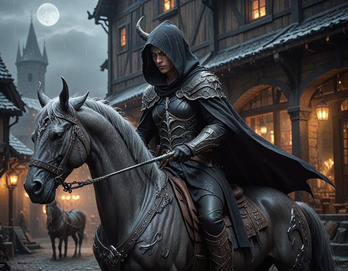 Grim Reaper Woman Rides a Demonic Warhorse in a Medieval Vil...