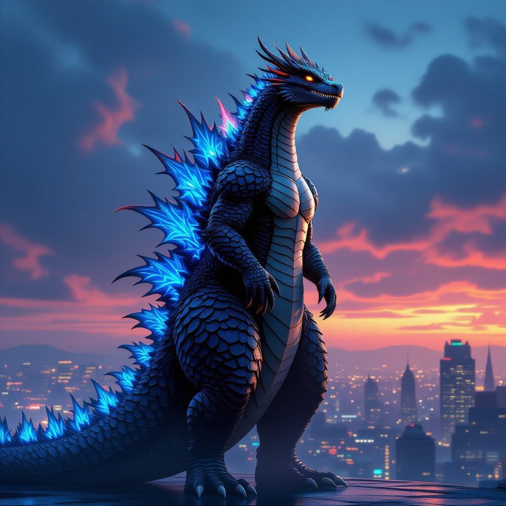 Female Dragon Godzilla With Iridescent Scales in Cityscape