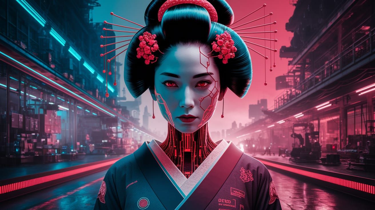 Cyberpunk Geisha Illuminated by Fiery Circuitry