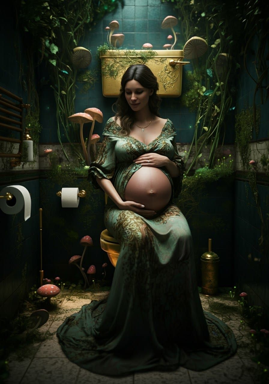 Pregnant Woman on Golden Toilet in Enchanted Realm