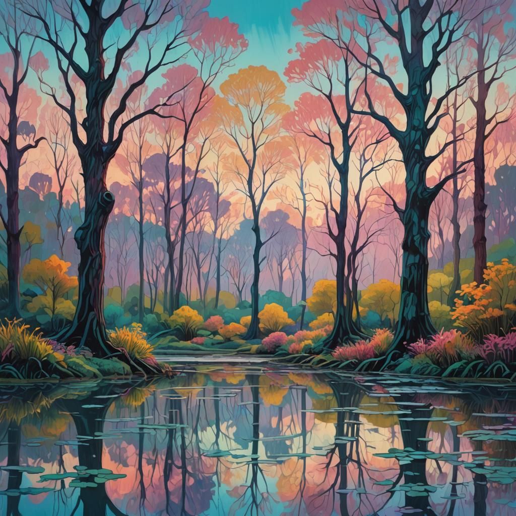 Vibrant Fantasy Landscape Reflected in Tranquil Pond