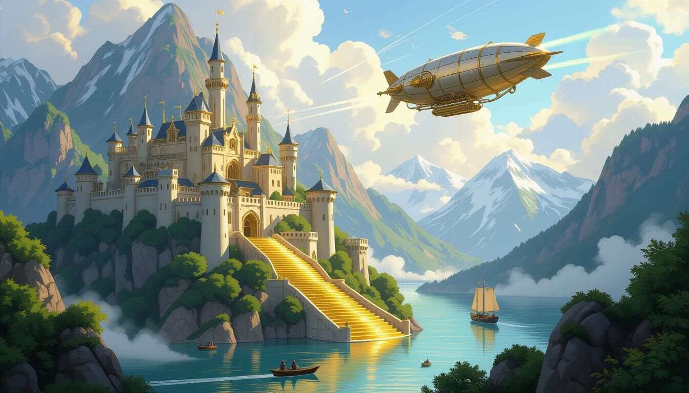 Steampunk Castle Village on Mountain with Airship