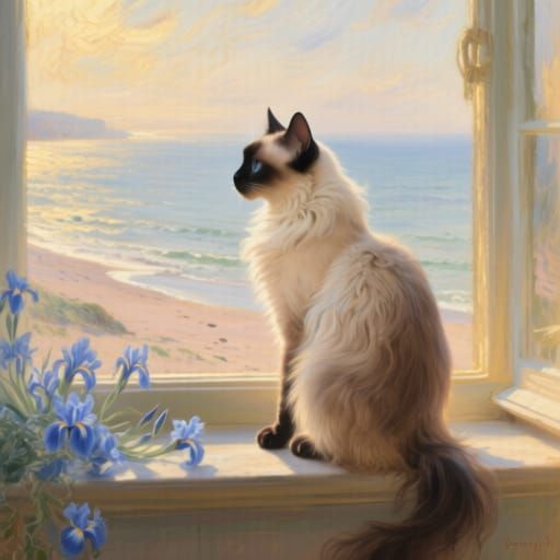 Siamese Cat on Windowsill Overlooking Ocean in Golden Hour