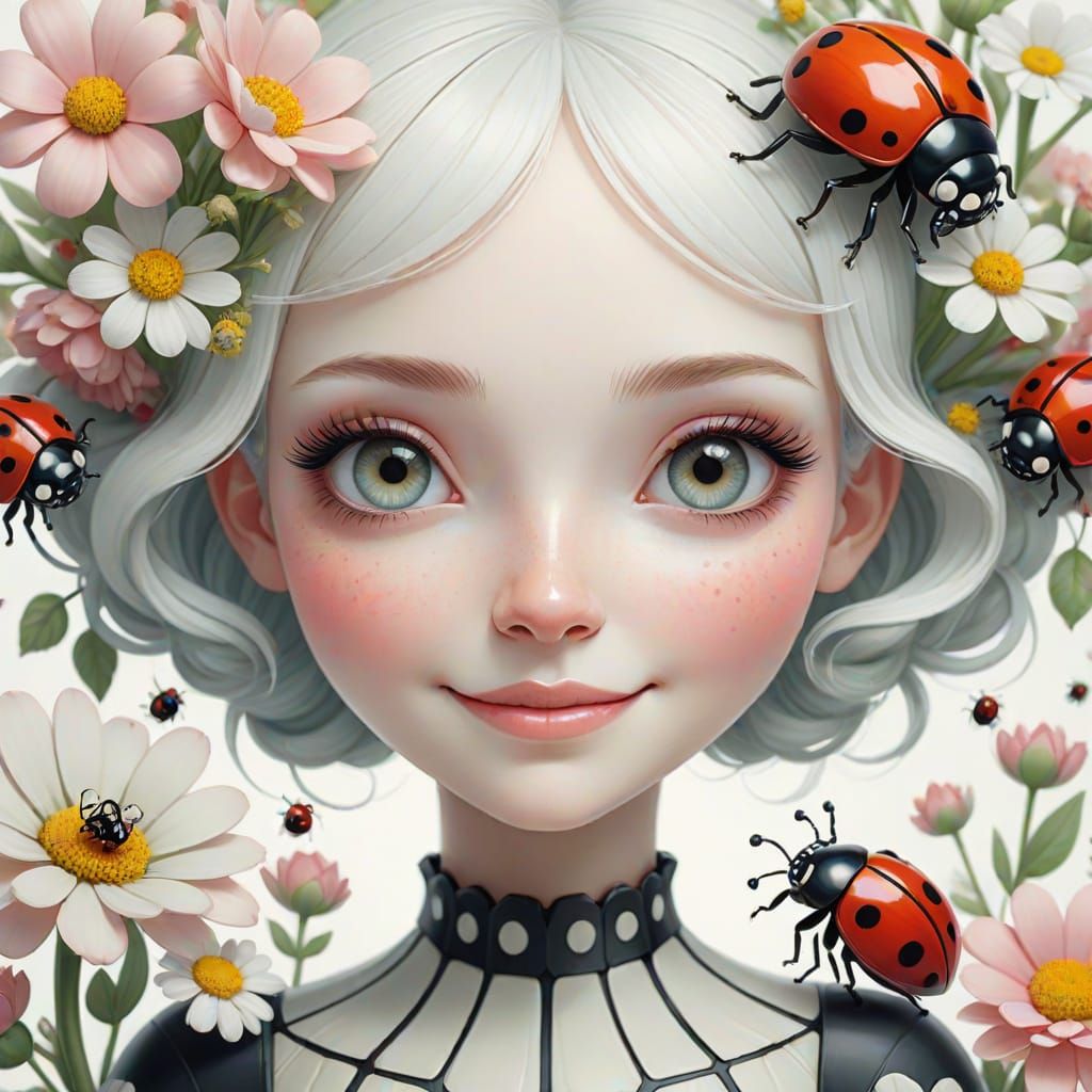 Floral Girl Surrounded by Ladybugs: Low-Poly Digital Art