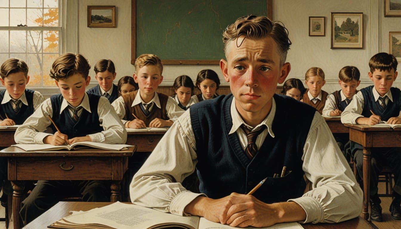 Boy in Elementary School Uniform Sits Among Peers in Whimsic...