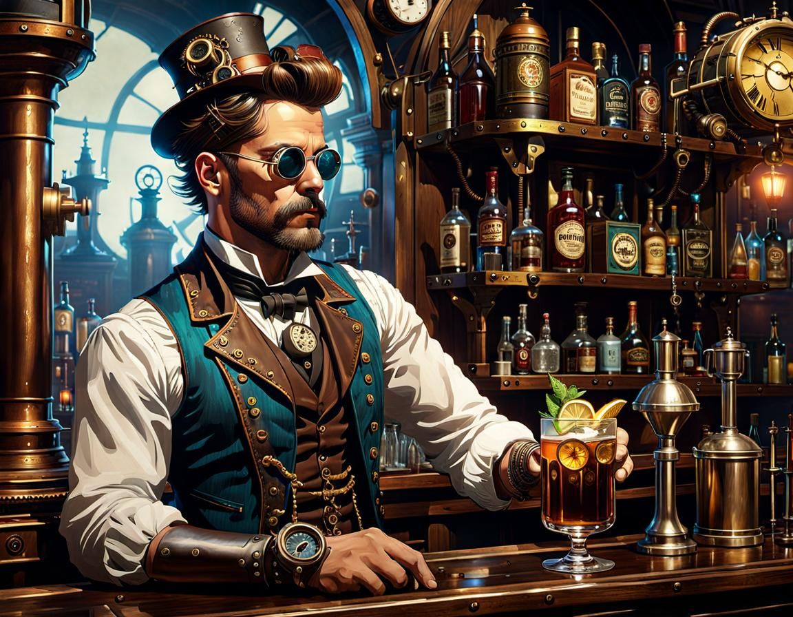 Steampunk Bartender in Victorian Bar, Detailed Digital Art