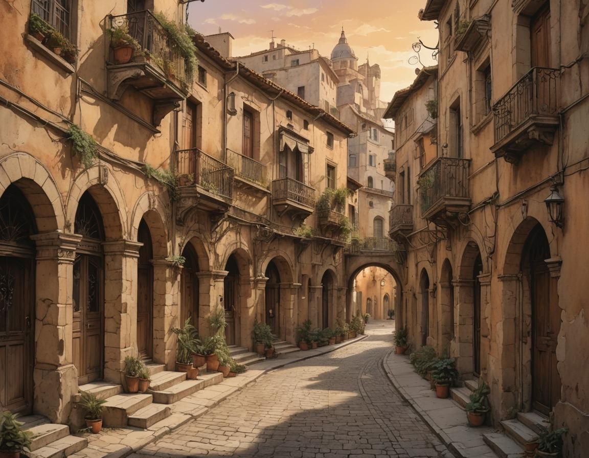 Mediterranean Street Scene in Ink Drawing Style