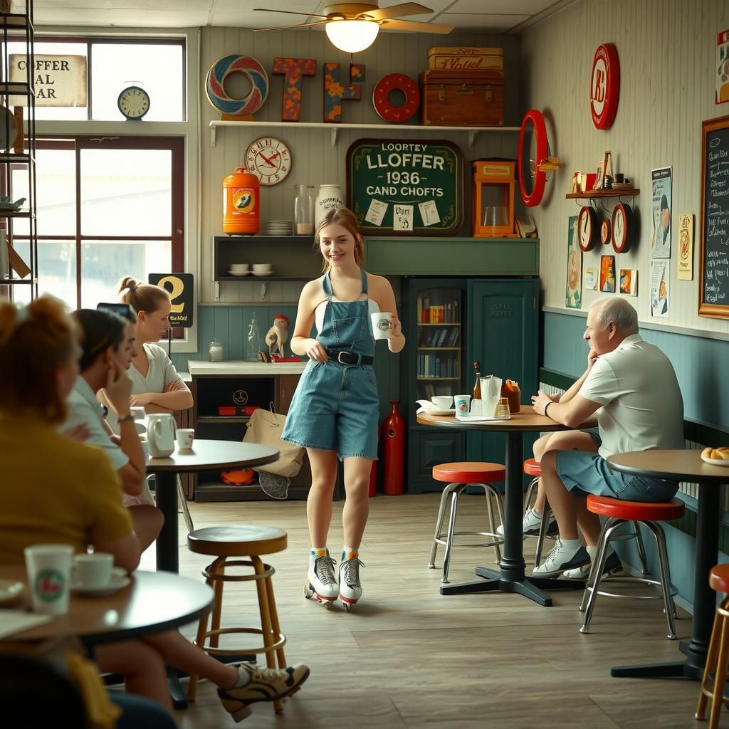 a girl working in a coffee shop on roller skates. serving co...