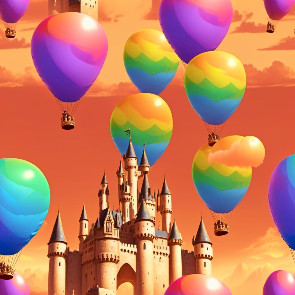Rainbow Balloons Fly Over Golden Sunset Castle