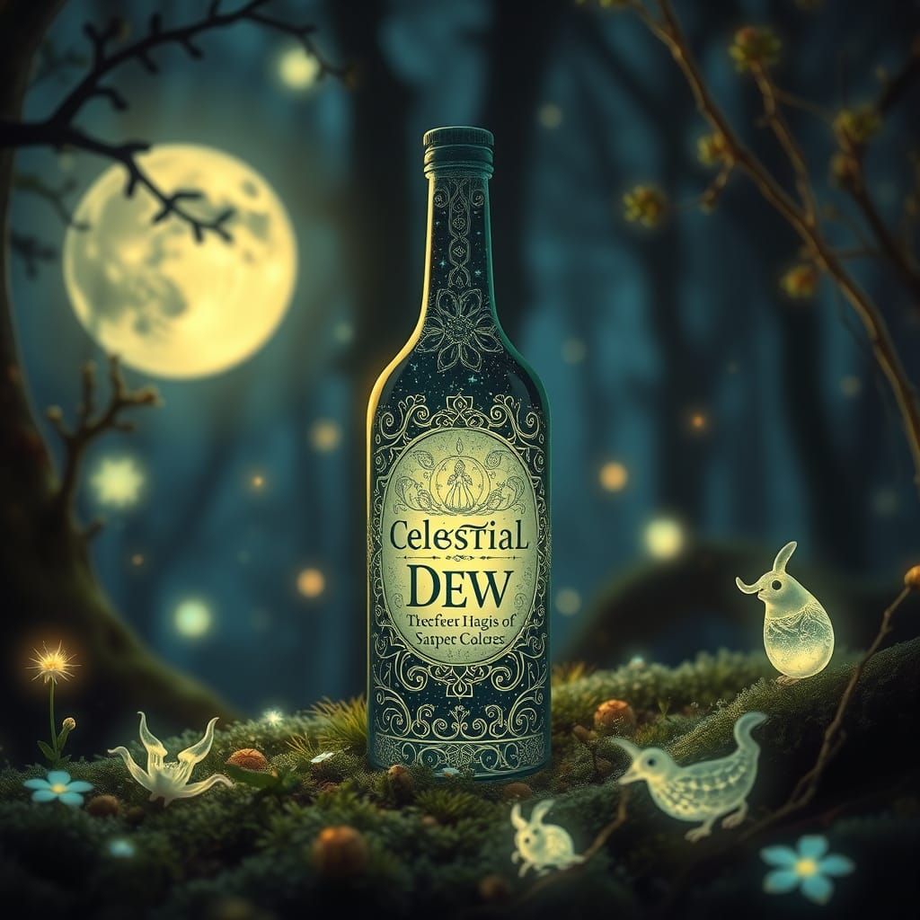 Moonlit Bottle of Celestial Dew in Whimsical Forest