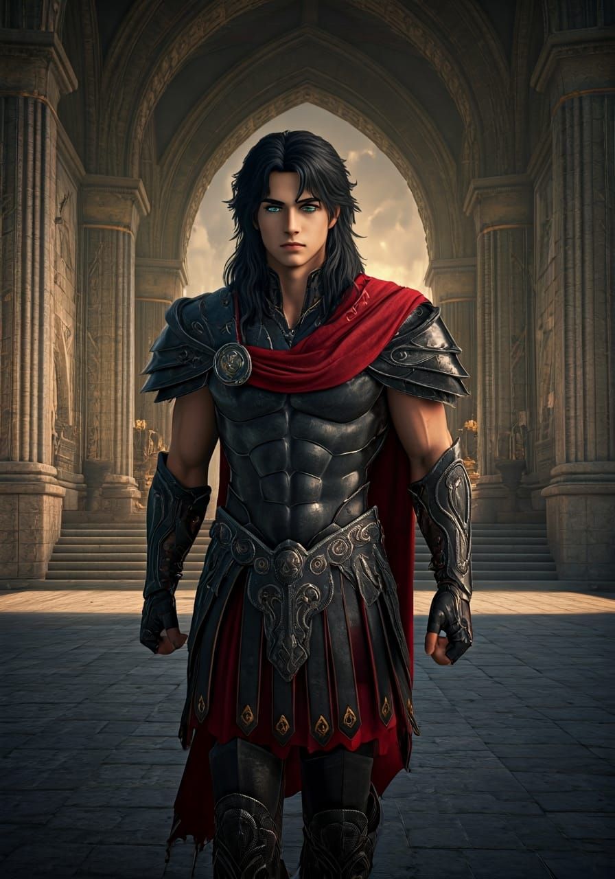 Greek Warrior in Black Armor, 3D Anime Art