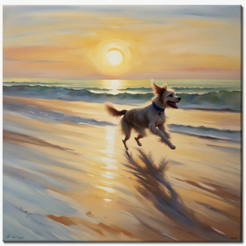 Dog Running on Beach in Monet Style
