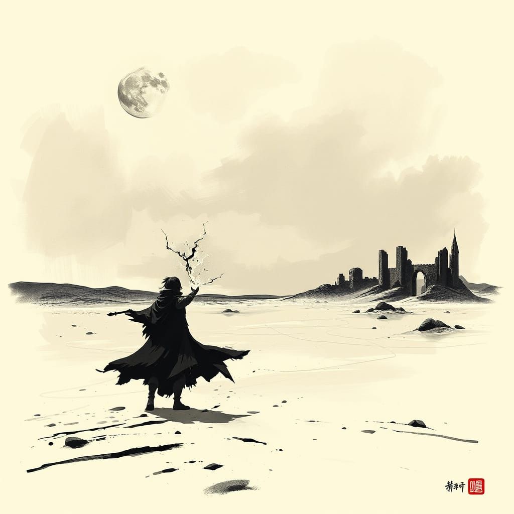 Lone Figure Wielding Magic in Desert Ruins