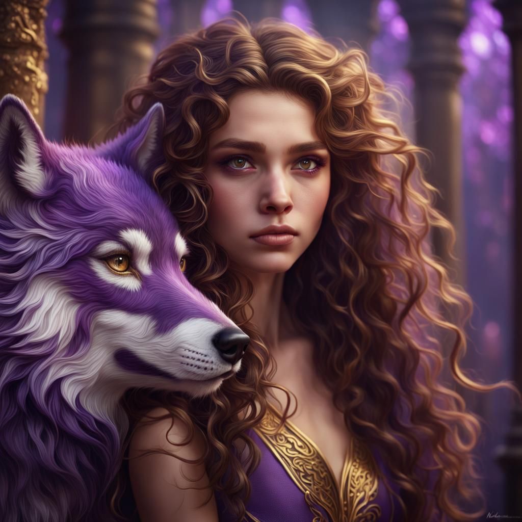 Girl with long brown curly hair purple wolf eyes and loves purple and gold