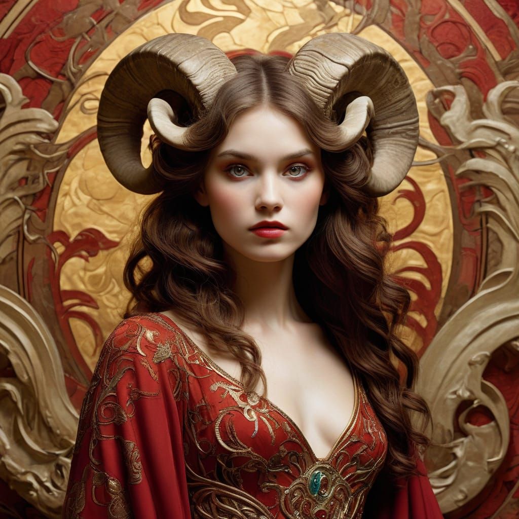Elegant Art Nouveau Portrait of a Woman with a Majestic Ram