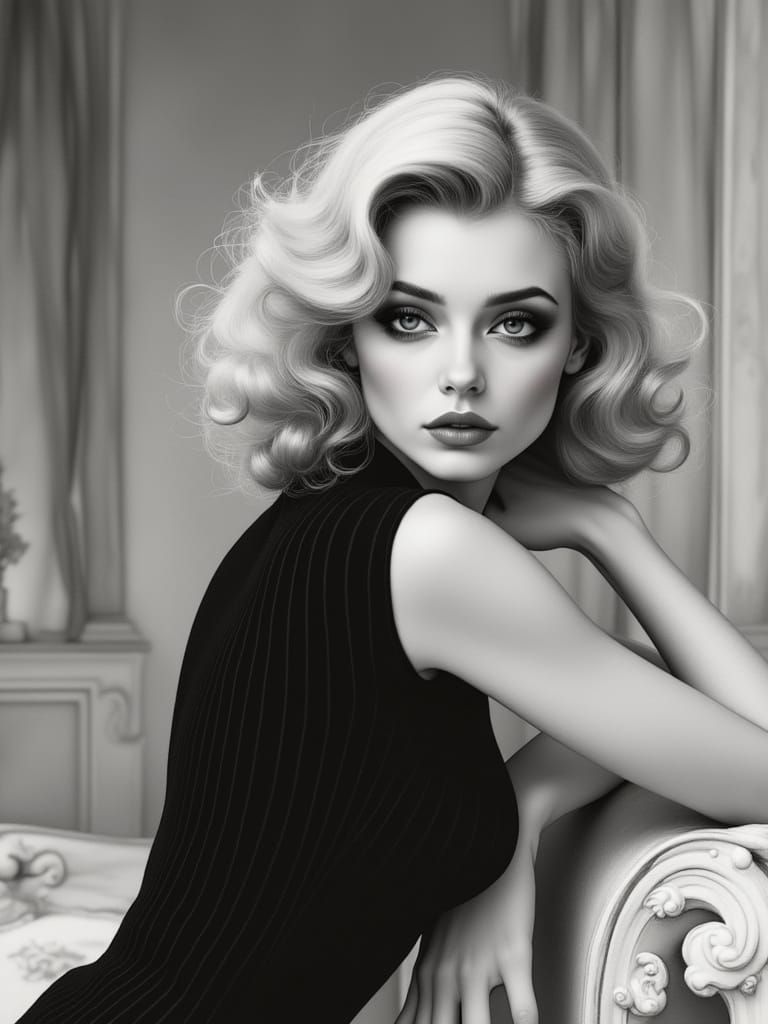 Vintage Pin-Up Goddess in Monochrome Elegance