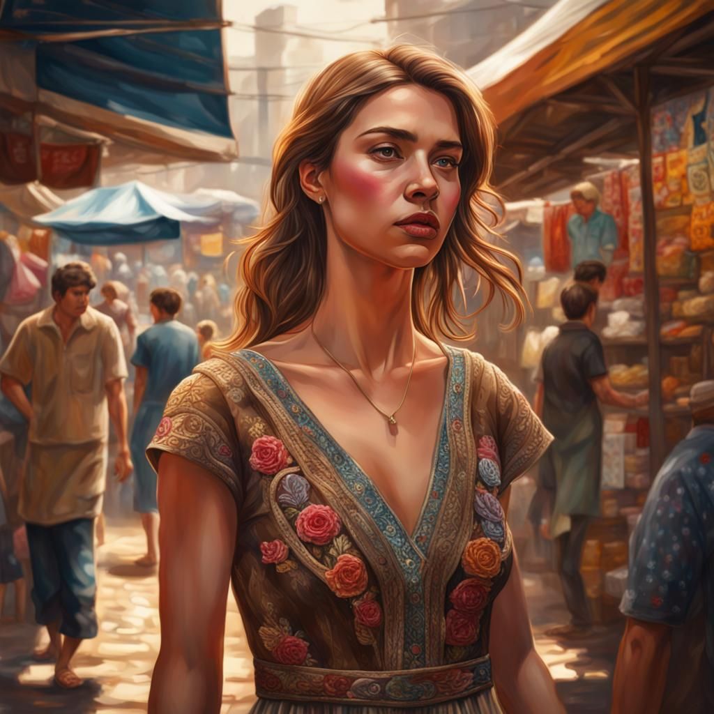 Woman in Embroidered Dress at Busy Market