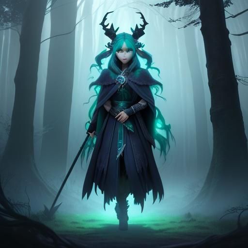 Blue Tiefling Druid in Misty Forest