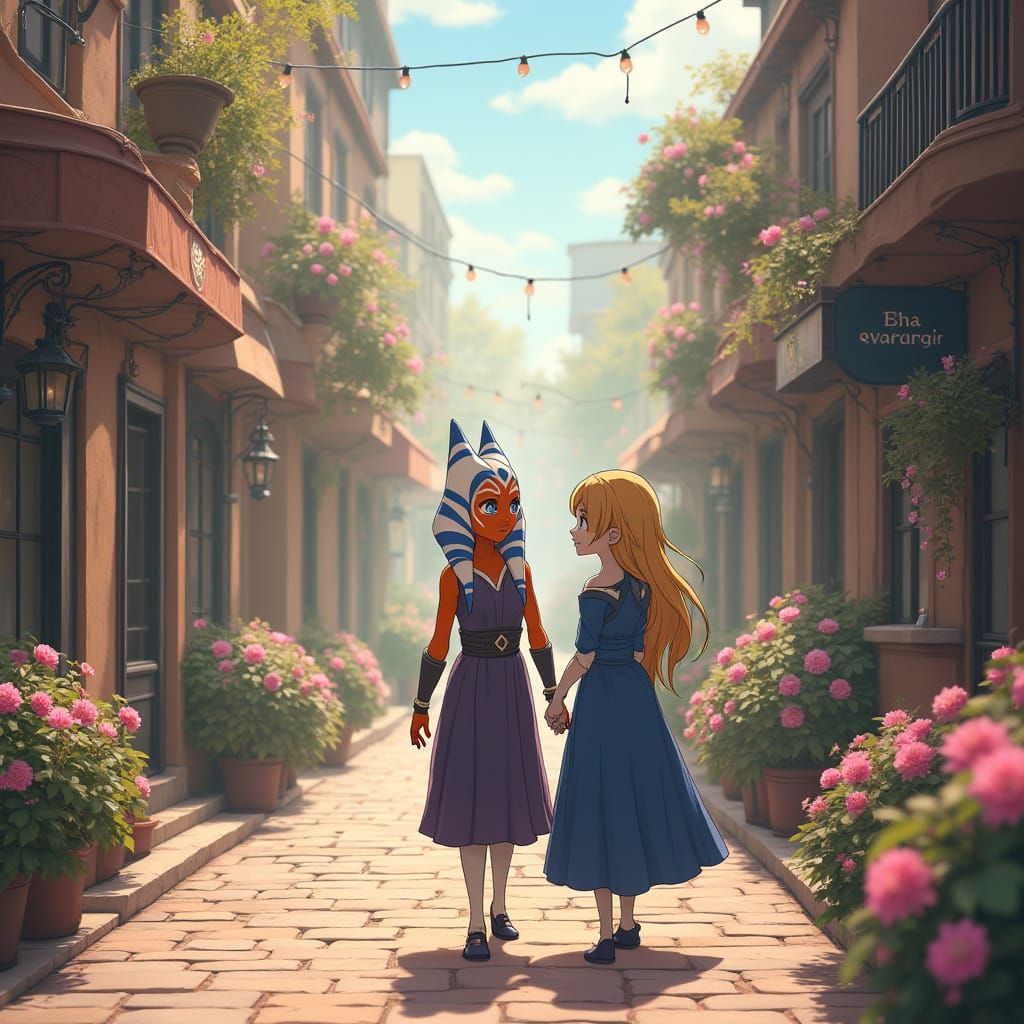 Anime-Inspired Friends Ahsoka and Violet in Whimsical Settin...