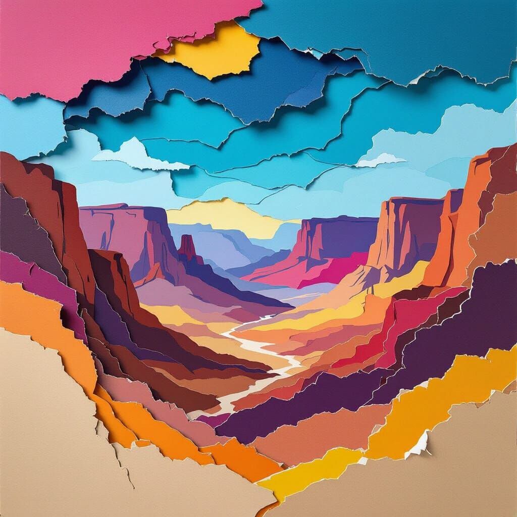 Desert Canyon Landscape in Torn Paper Style