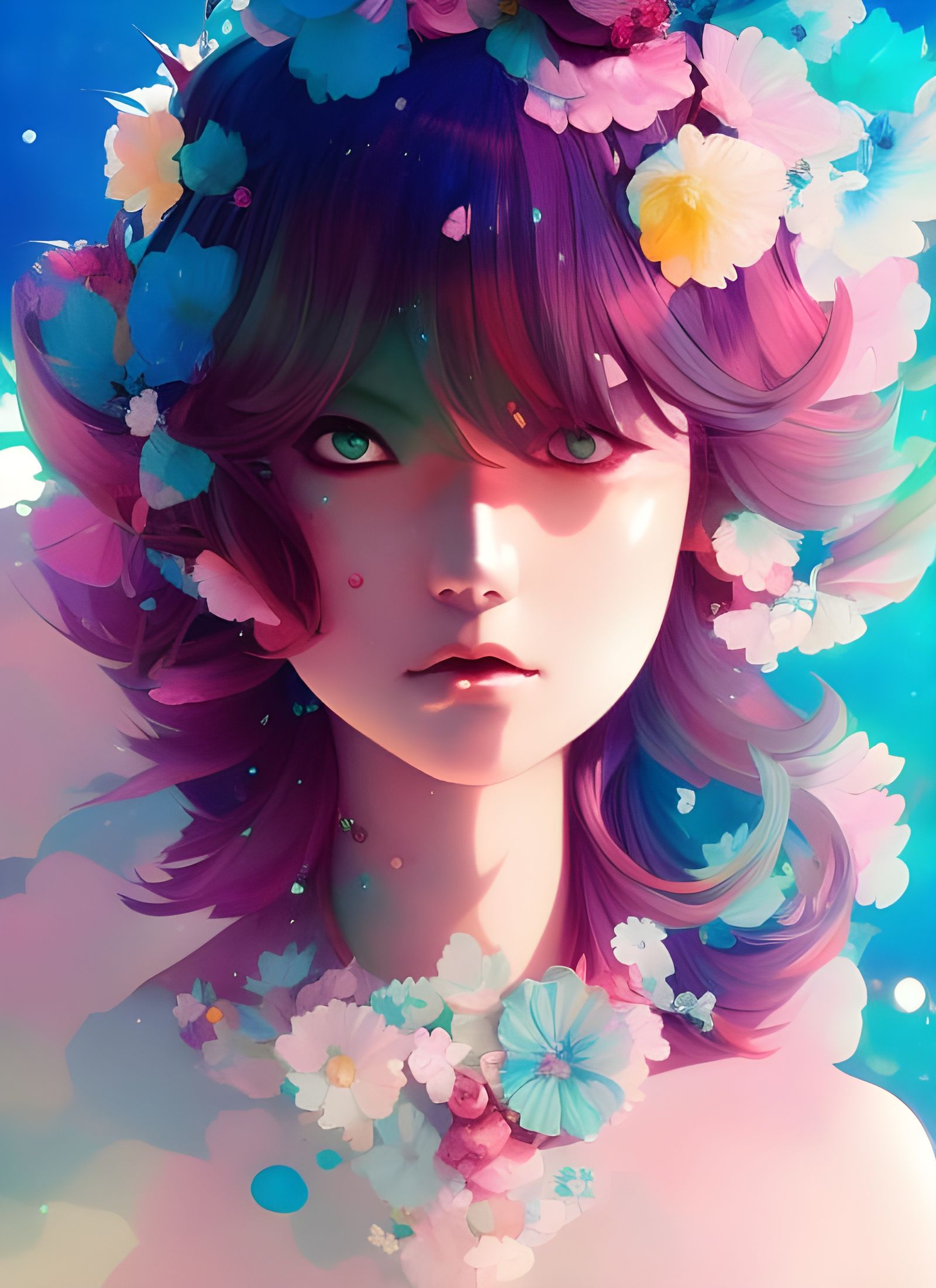 Her Violet Hair Was Adorned With Pretty Pink Flowers