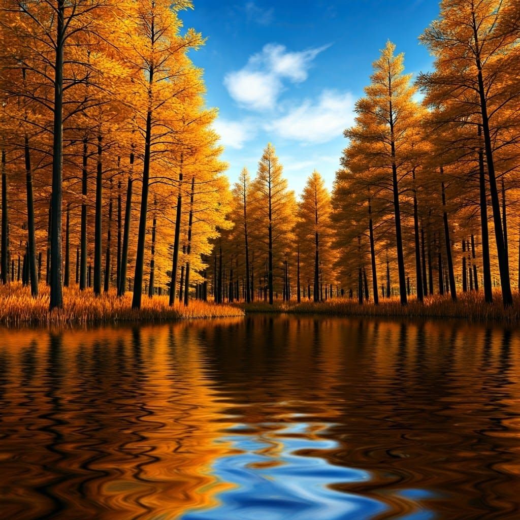 Golden Autumn Forest Reflected in Obsidian Lake