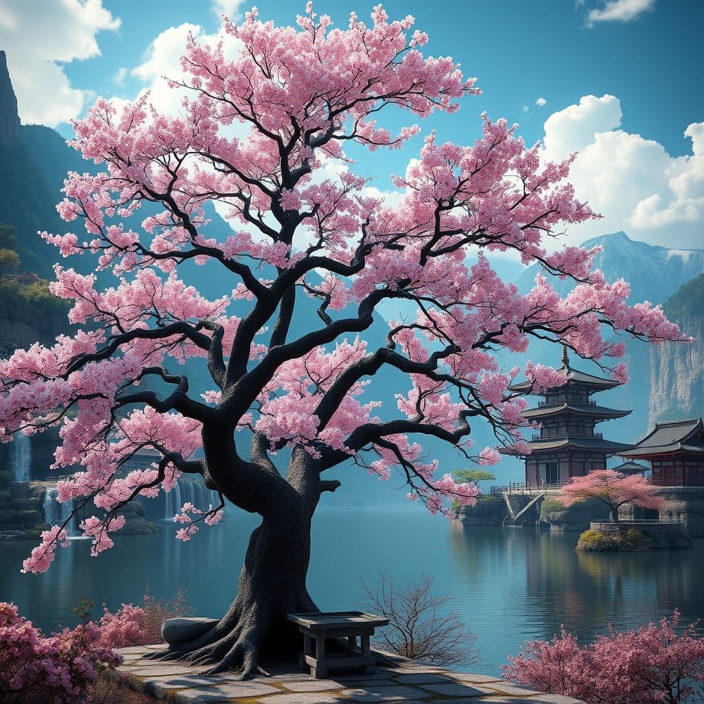 Sakura Tree by Lake: Matte Painting in 8K