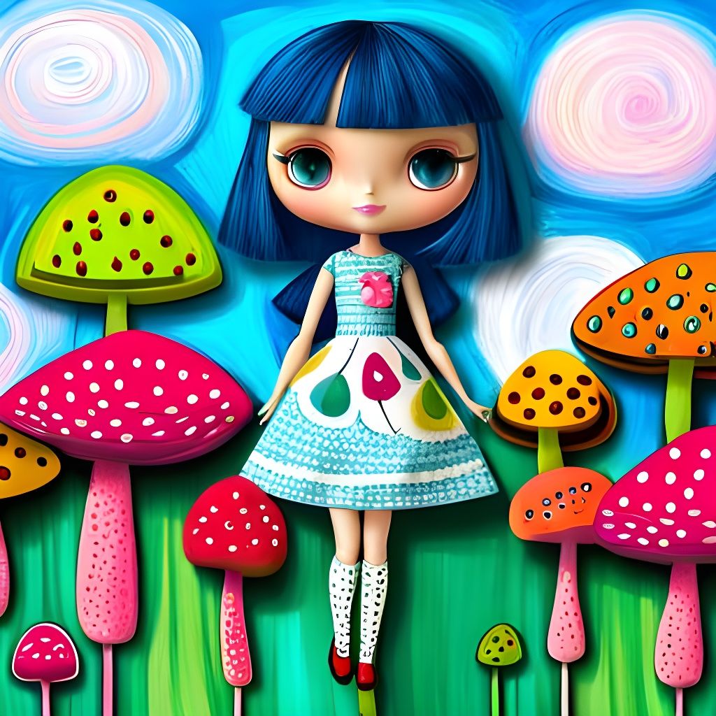 Adorable Blythe Doll in Pink Forest, Art Brut Style